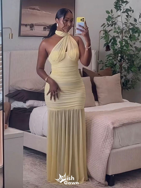 Unique Yellow High Neck Mermaid  Long Prom Dress Ideas, Evening Party Dresses,WGP1804