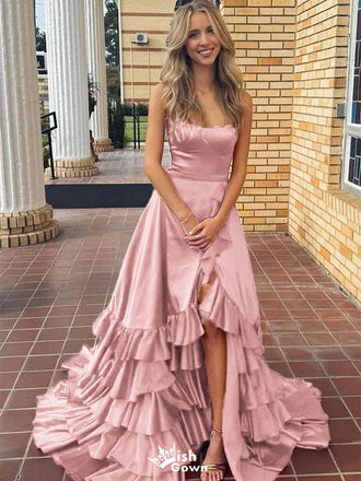 Pretty Rose Pink Spaghetti Strap Satin High Low Prom Dress with Tiered Ruffles,WGP2101