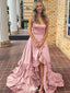 Pretty Rose Pink Spaghetti Strap Satin High Low Prom Dress with Tiered Ruffles,WGP2101