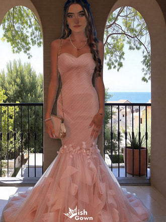 Floral Pink Sweetheart Mermaid Long Prom Dress Ideas, Evening Party Dresses, WGP2007