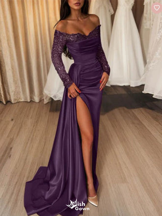Sexy Purple Sweetheart Lace Long Sleeve Mermaid Long Prom Dress Ideas, Evening Party Dresses , WGP1908