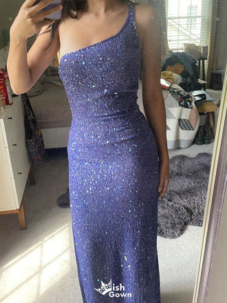 Shiny Blue One-Shoulder Mermaid Long Prom Dress Ideas, Evening Party Dresses,WGP1720