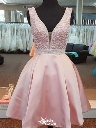 Elgeant Pink V-neck A-line Short Mini Homecoming Dress,EPT466