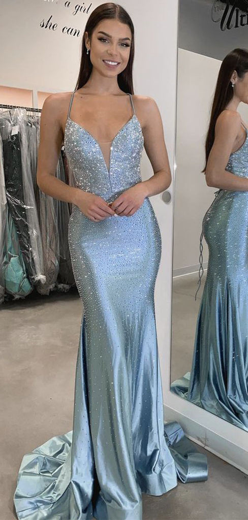 Fancy Glitzy Blue Prom Dress Deep V-Neck Sequined Mermaid Formal Gown,WGP2165