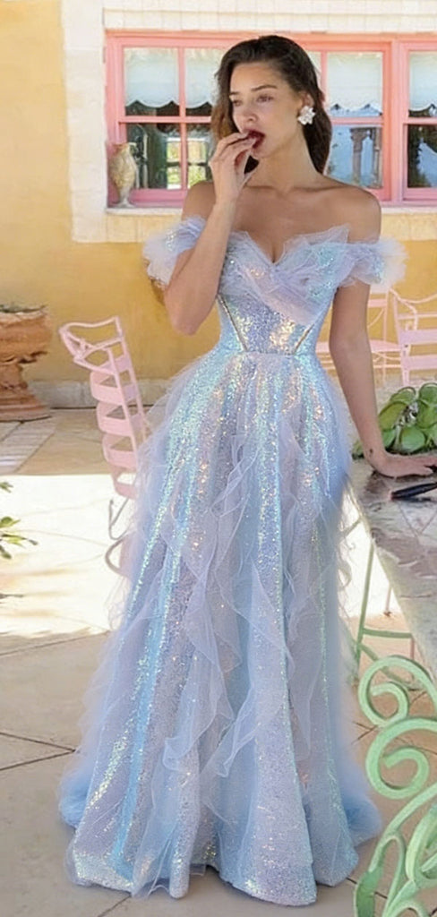 Ethereal Blue Off-Shoulder Tulle Prom Gown Iridescent Sparkle Tiered Ball Dress,WGP2143