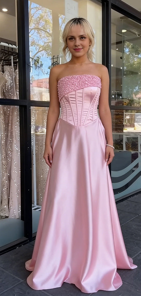 Fancy Pink Corset A-Line Satin Prom Dress with Beaded Bodice,WGP2102