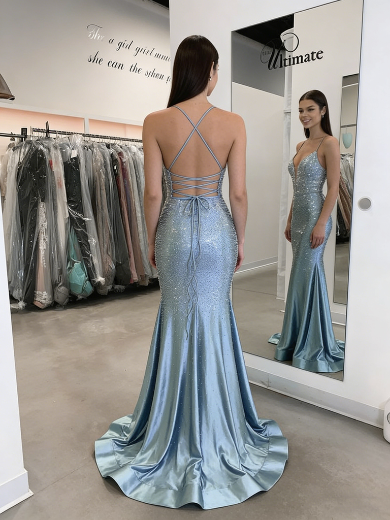 Fancy Glitzy Blue Prom Dress Deep V-Neck Sequined Mermaid Formal Gown,WGP2165