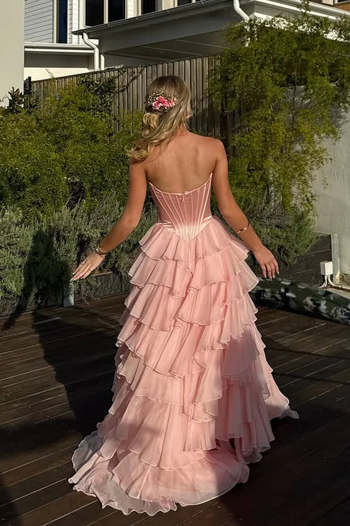 Unique Blush Pink Tiered Ruffle Prom Dress Strapless Boned Corset Tulle Ball Gown Skirt,WGP2087