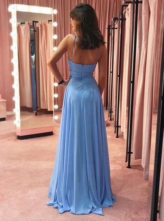 Elegant Blue Spaghetti-Strap A-Line Long Prom Dress Ideas, Evening Party Dresses,WGP1630