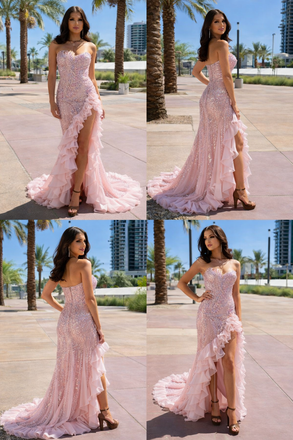 Unique Pink Sequin Strapless Prom Gown High Slit Ruffle Mermaid Formal Dress,WGP2180