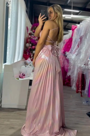 Elegant Pink Spaghetti Strap A-Line Side Slit Long Prom Dress Ideas, Evening Party Dresses,WGP1646