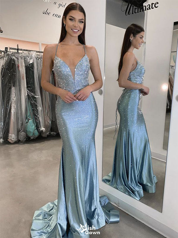Fancy Glitzy Blue Prom Dress Deep V-Neck Sequined Mermaid Formal Gown,WGP2165