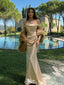 Luxurious Gold Satin Off-Shoulder Prom Gown with Draped Neckline Slim Silhouette,WGP2195