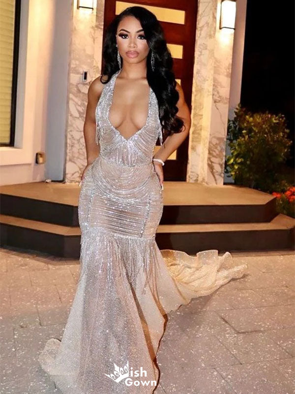 Modern Silver Prom Dress Halter Neck Deep V Backless Sparkly Maxi Gown,WGP2114