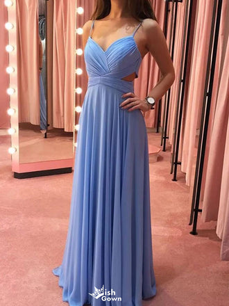 Elegant Blue Spaghetti-Strap A-Line Long Prom Dress Ideas, Evening Party Dresses,WGP1630