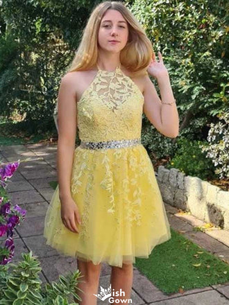 Elegant Halter Lace A-line Short Mini Homecoming Dress,EPT326