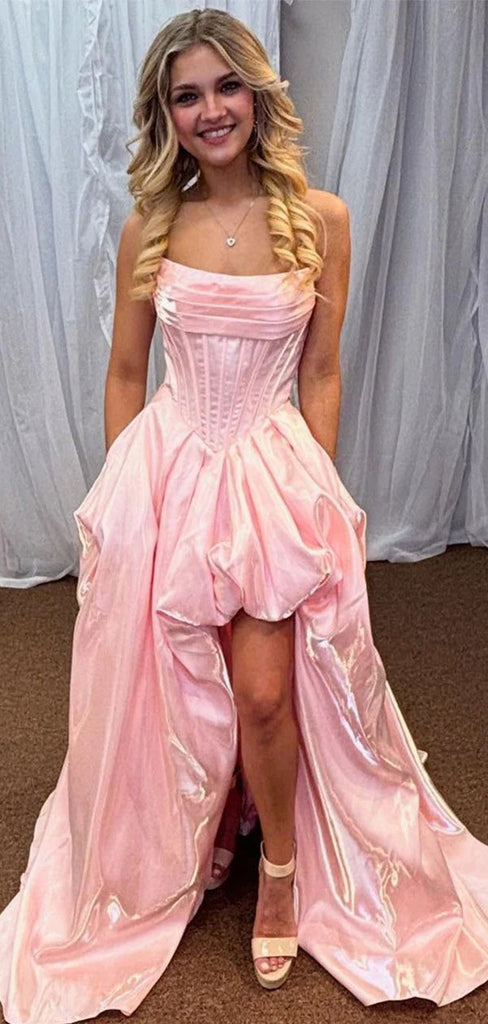 Modern Pink Taffeta High-Low Prom Dress Corset Bodice Pleated Party Gown,WGP2144