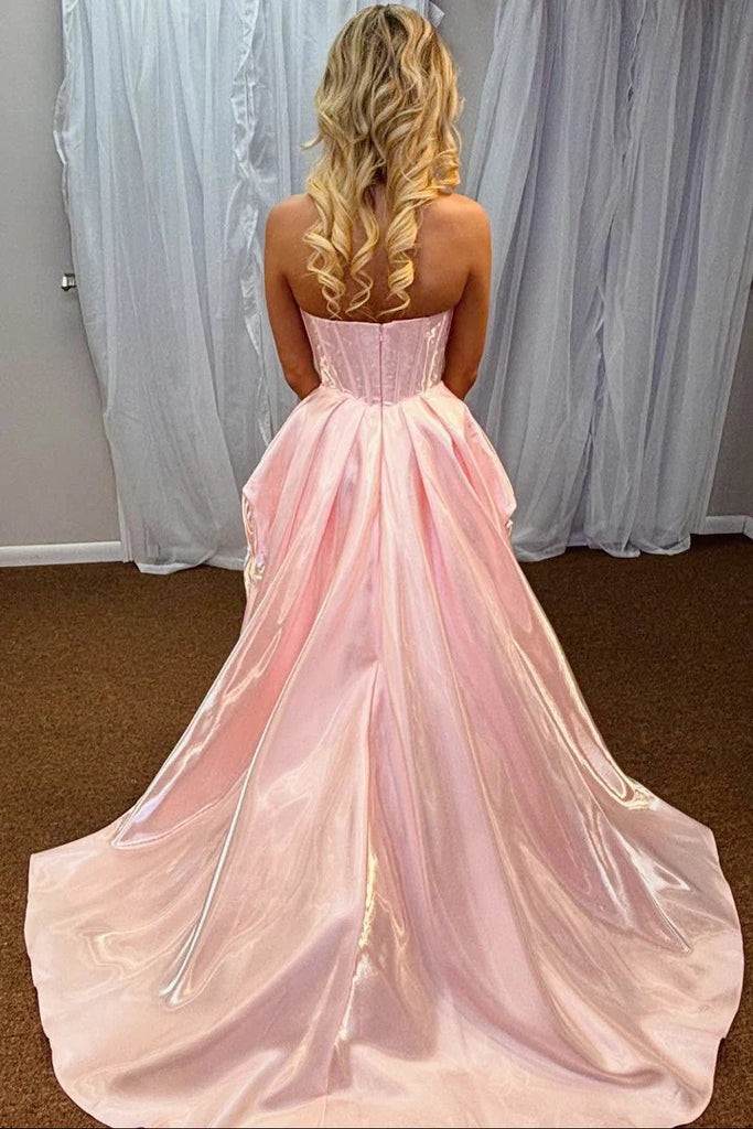 Modern Pink Taffeta High-Low Prom Dress Corset Bodice Pleated Party Gown,WGP2144