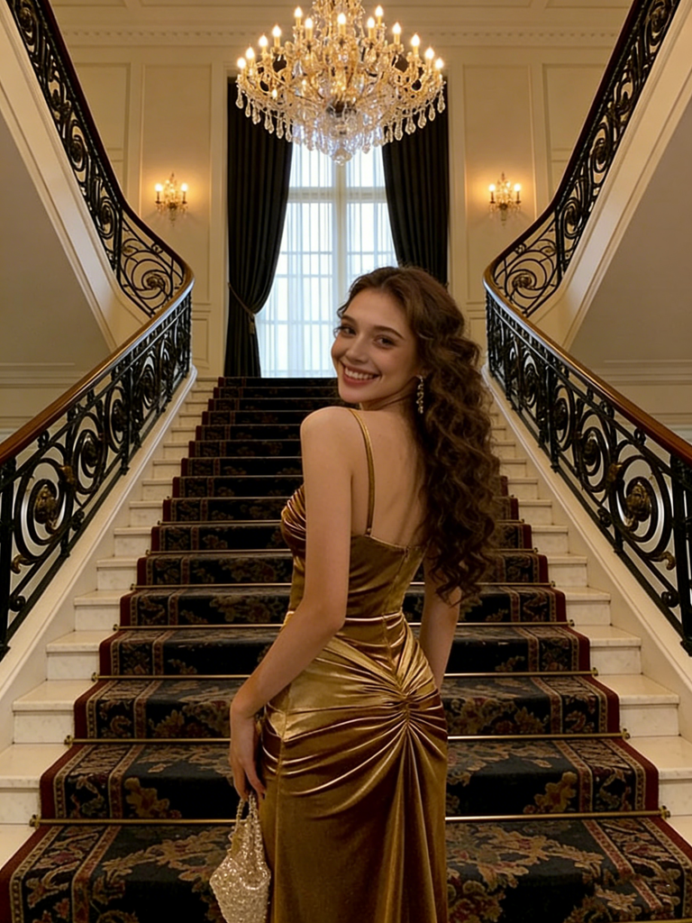 Vintage Gold Satin Prom Dress with Spaghetti Straps Elegant Knotted Waist,WGP2196