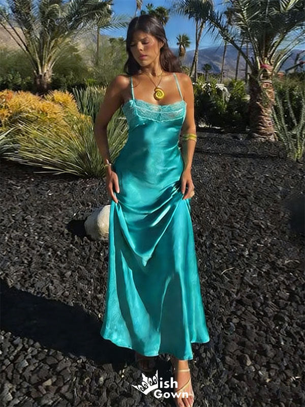 Fancy Teal Blue Satin Spaghetti-Strap Prom Dress with Side Slit,WGP2127