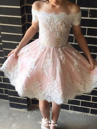 Elegant Off-shoulder Lace A-line Short Mini Homecoming Dress,EPT552