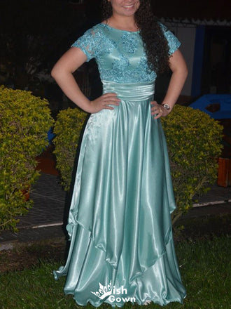 Gorgeous Short Sleeves A-line Long Prom Dress Ideas, Evening Party Dresses,WGP1728