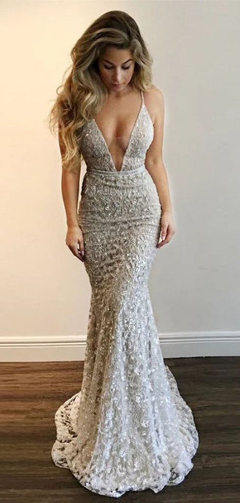 Sexy White V-Neck Mermaid Long Prom Dress Ideas, Evening Party Dresses,WGP1969