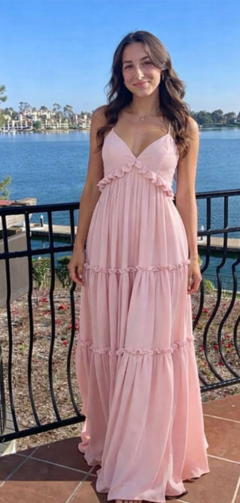 Fancy Pink Ruffled Empire Waist Prom Dress Sleeveless V-Neck Tiered Chiffon Maxi Gown,WGP2173