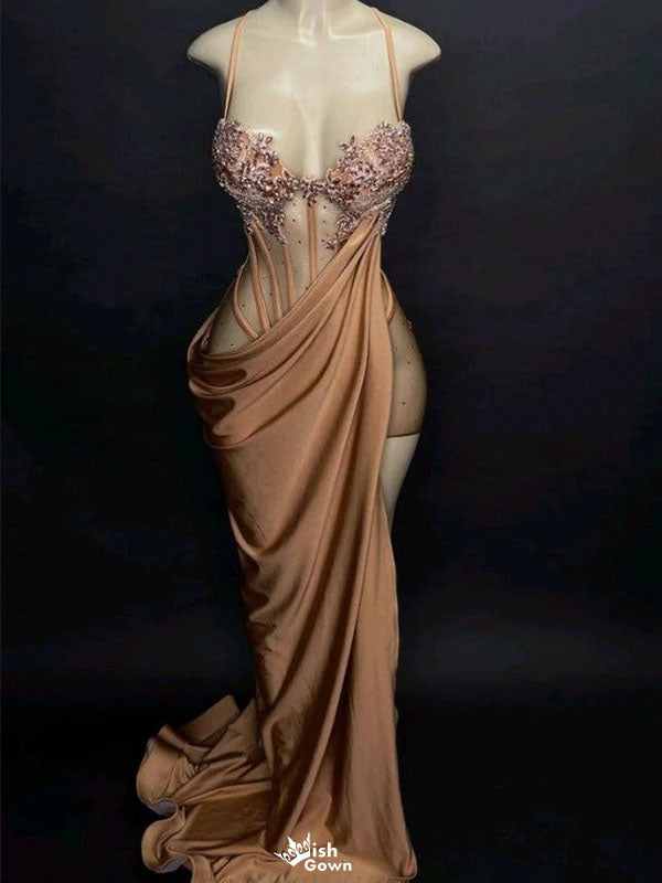 Sexy Glod Spaghetti Strap Mermaid Long Prom Dress Ideas, Evening Party Dresses,WGP1670