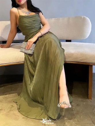 Elegant Green Spaghetti Strap A-Line Long Prom Dress Ideas, Evening Party Dresses,WGP1710