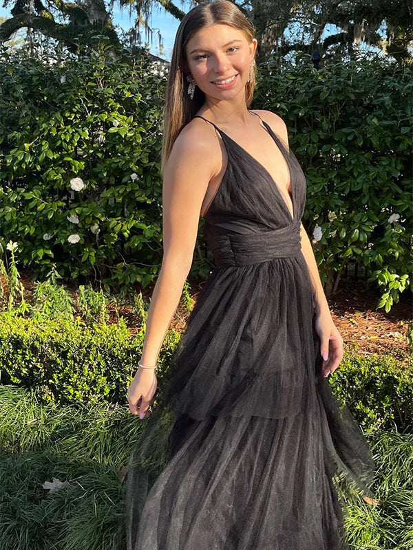 Elegant Black Spaghetti Strap V-Neck&nbsp;Long Sleeveless Long Party Prom Dresses,Evening Dress Online, WGP790
