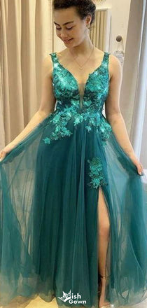 Unique V-neck Notched A-line Long Prom Dress Ideas, Evening Party Dresses,WGP1744