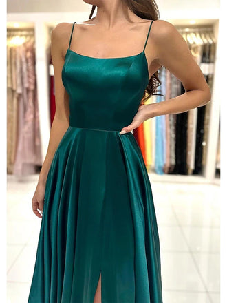 Sexy A-Line Spaghetti Straps Side Slit Floor-Length Backless Sleeveless Prom Dresses,Wedding Guest Gowns,WGP319