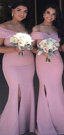 Elegant Pink Mermaid Sweetheart Off Shoulder Side Slit Popular Cheap Maxi Long Wedding Guest Bridesmaid Dresses,WGM284
