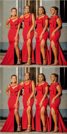 Unique Red Mermaid Sweetheart Sleeveless Side Slit Popular Cheap Maxi Long Wedding Guest Bridesmaid Dresses,WGM303