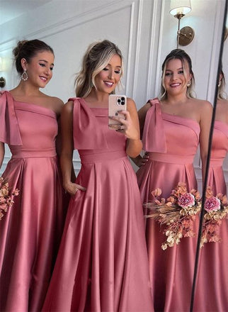 Elegant Pink One-Shoulder Sleeveless Mermaid Long Bridesmaid Dresses Online, WGM433