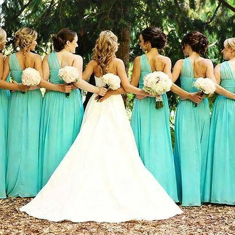 Elegant Mint Green One-Shoulder Sleeveless A-Line Long Bridesmaid Dresses Online,WGM437