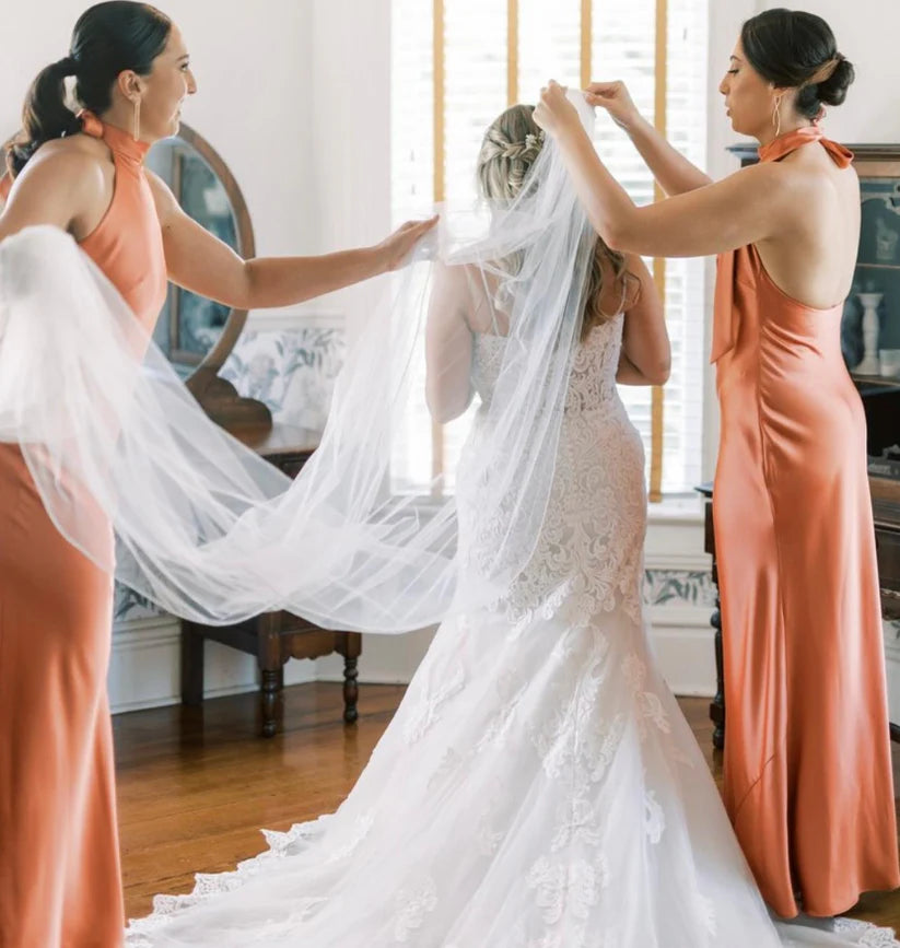 Elegant Orange High-Neck Sleeveless Mermaid Long Bridesmaid Dresses Online,WGM461