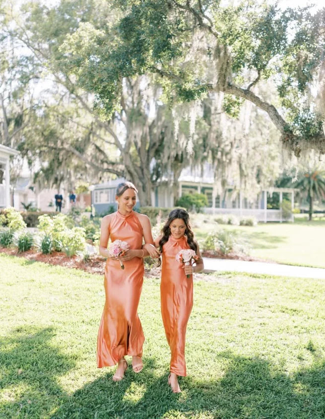 Elegant Orange High-Neck Sleeveless Mermaid Long Bridesmaid Dresses Online,WGM461