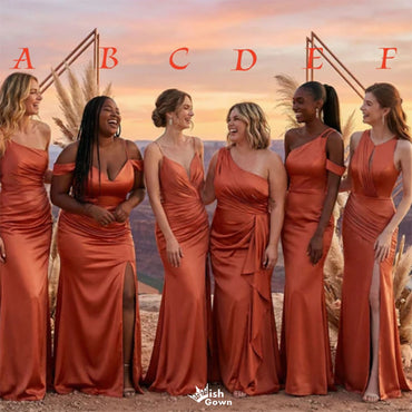 Modern Multi-Style Burnt Orange Satin Maid of Honor Dress With Side Slit,WGM473