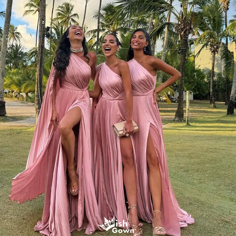 Sexy Pink Pleated Chiffon Bridesmaid Dress with High Slit One Shoulder Cape Sleeve Formal Gown,WGM477