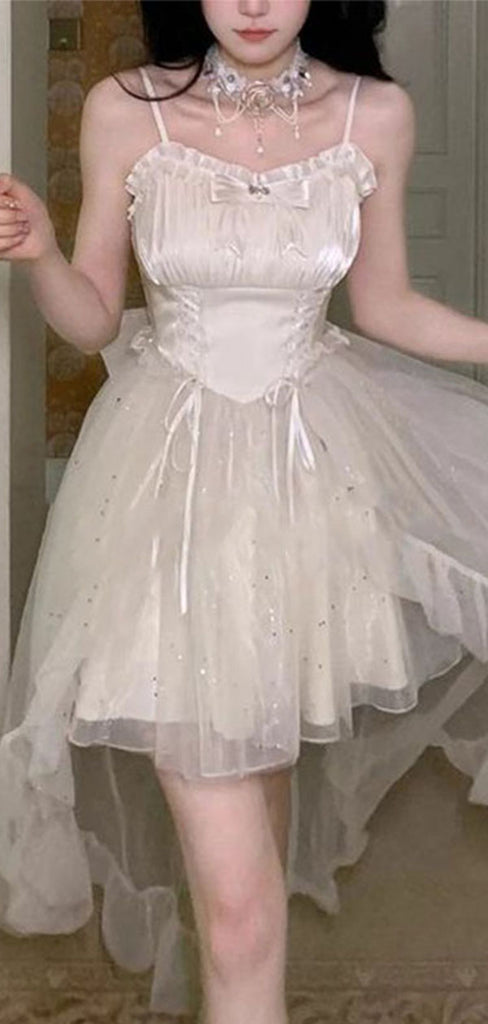 Elegant White Spaghetti Strap High-Low Sleeveless Homecoming Dresses For Birthday Party, EPT699