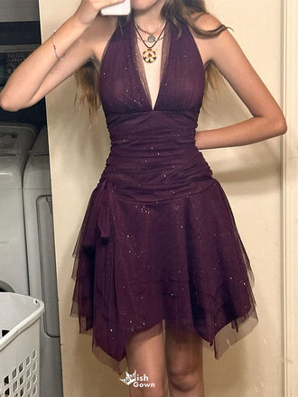 Sexy Purple V-Neck Sleeveless A-Line Short Homecoming Dresses For Party , EPT663