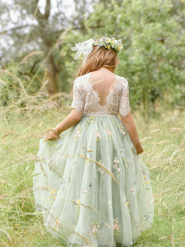 Elegant Green Jewel Short Sleeve Floral Long A-Line Flower Girl Dress , FG028