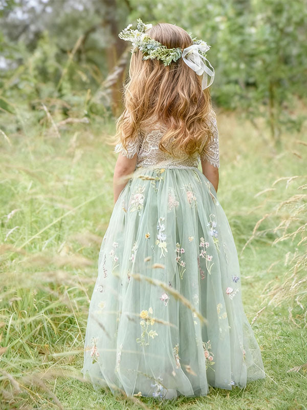 Elegant Green Jewel Short Sleeve Floral Long A-Line Flower Girl Dress , FG028
