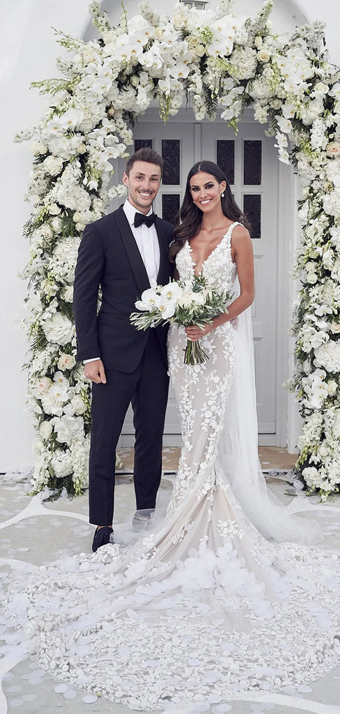 Elegant Applique White Spaghetti Strap Mermaid Long Wedding Dresses With Sweep Trailing,WDH185