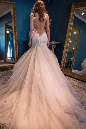 Elegant Pink Spaghetti Strap Lace Mermaid Long Wedding Dresses With Sweep Trailing,WDH179