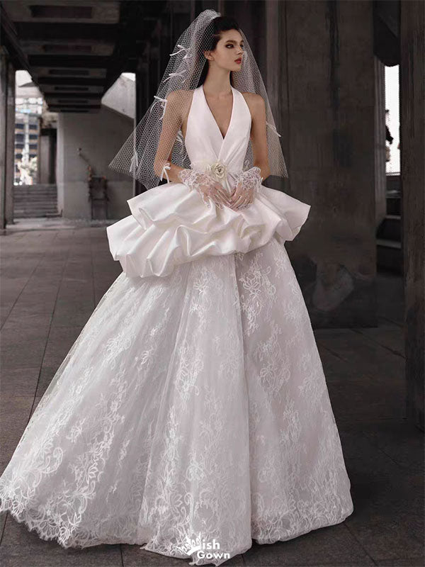 Elegant White V-Neck A-Line Long Wedding Dresses With Sweep Trailing ,WDH170
