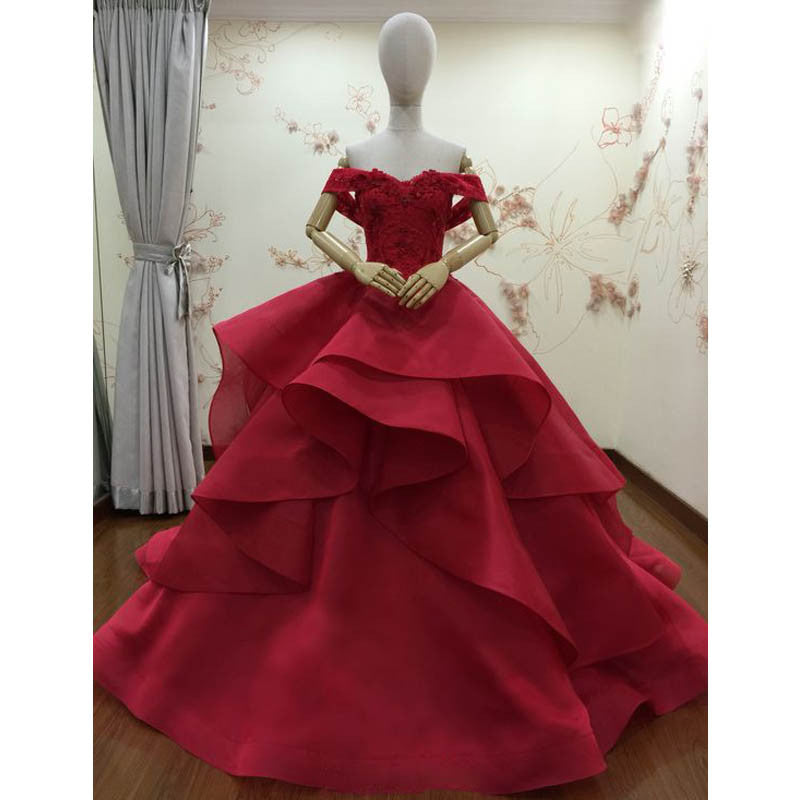 Red Off Shoulder Gorgeous Applique Stunning Long Prom Dresses Ball Gown, WG716