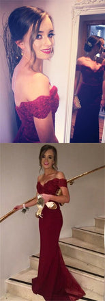 Burgundy Off Shoulder Mermaid Best Sales Inexpensive Lace Long Prom Party Dresses for wedding, PD0165 - Wish Gown